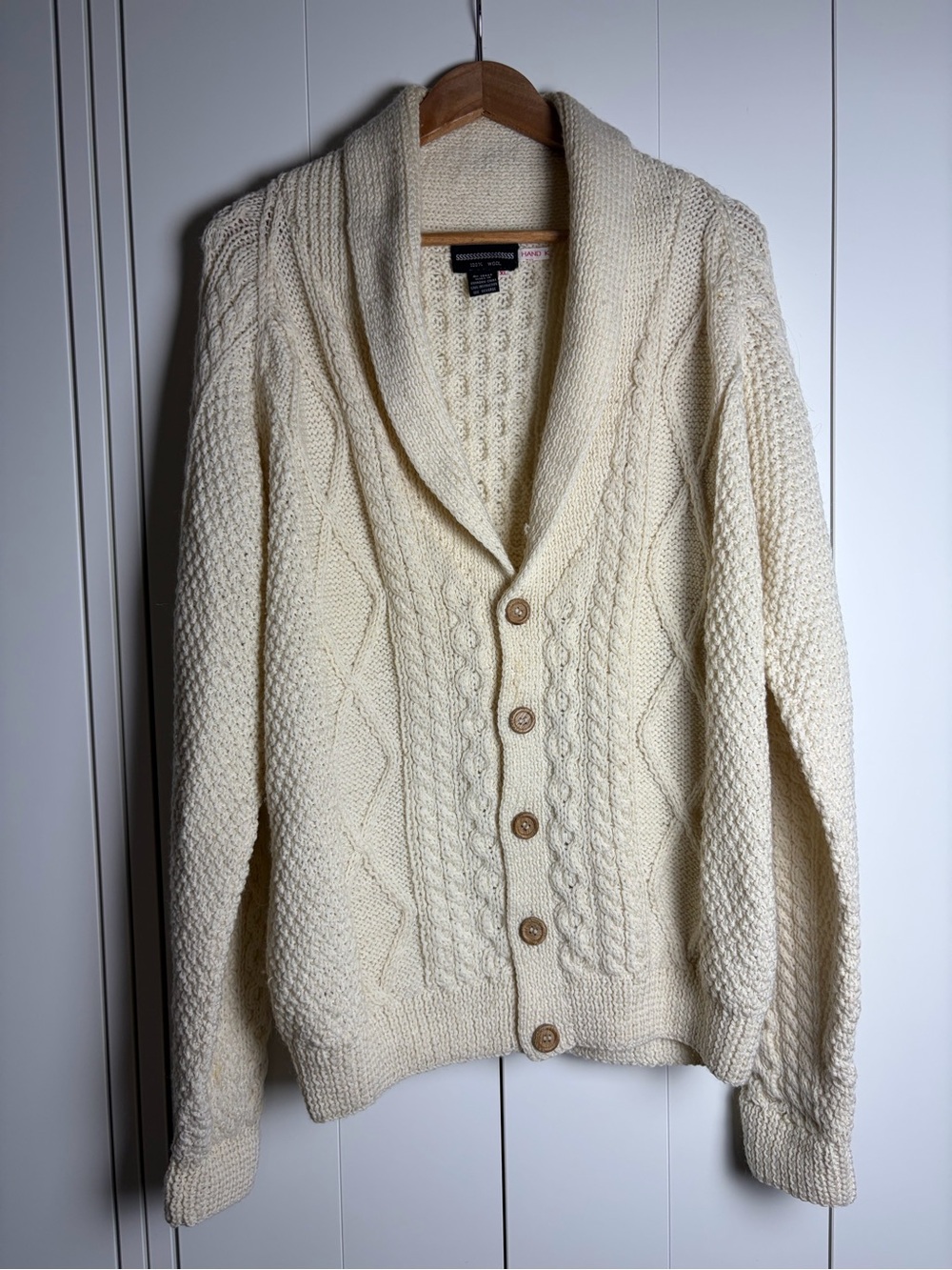 100% Wool Ivory Cable-Knit Shawl Collar Cardigan XL Grandpa Dark Academia